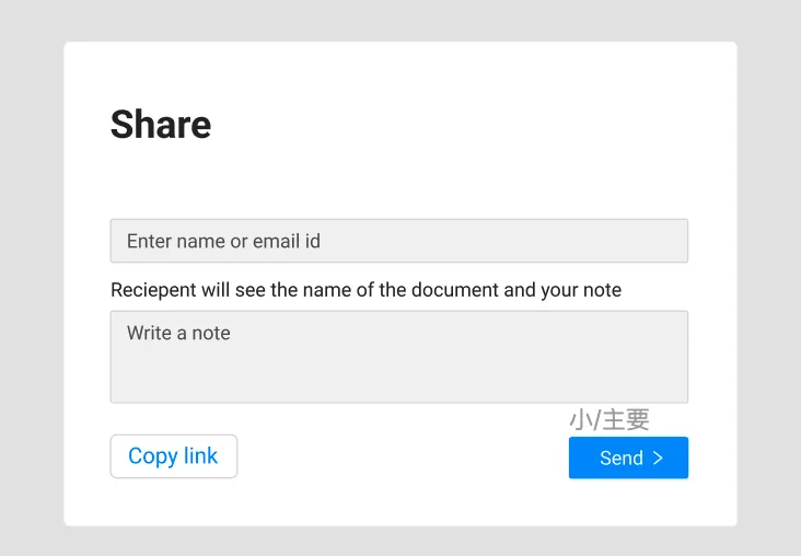 Share popover with link copy and recipient note